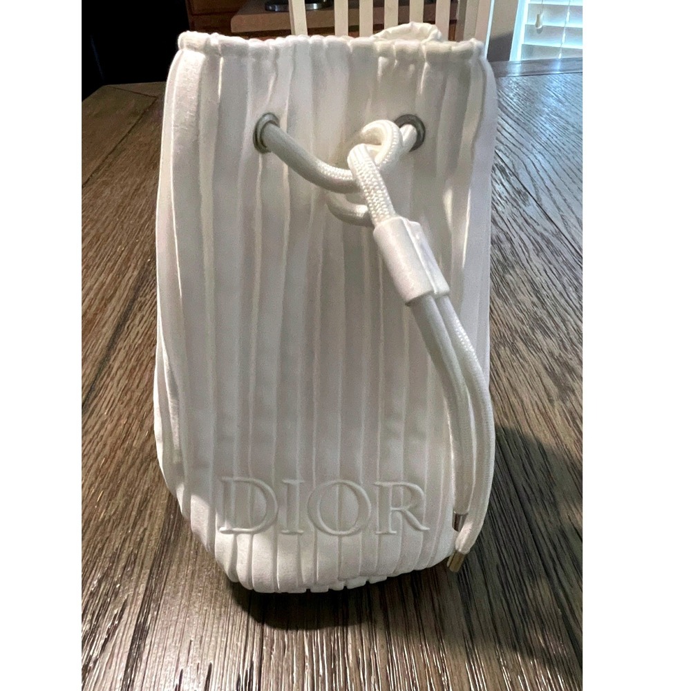 Christian Dior White Pleated Drawstring Bucket Bag Logo Pouch Silver Hardware